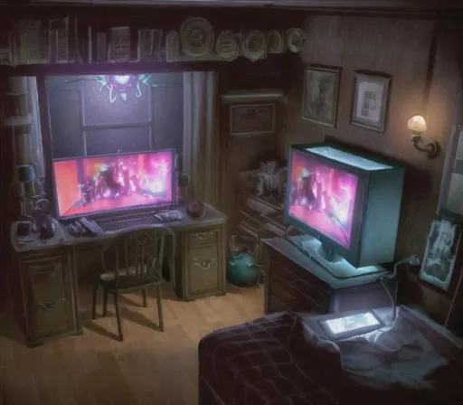 Prompt: bioshock's rapture in neons in a fort frolic, bedroom apartment with a bed and a desktop workspace with 3 monitors