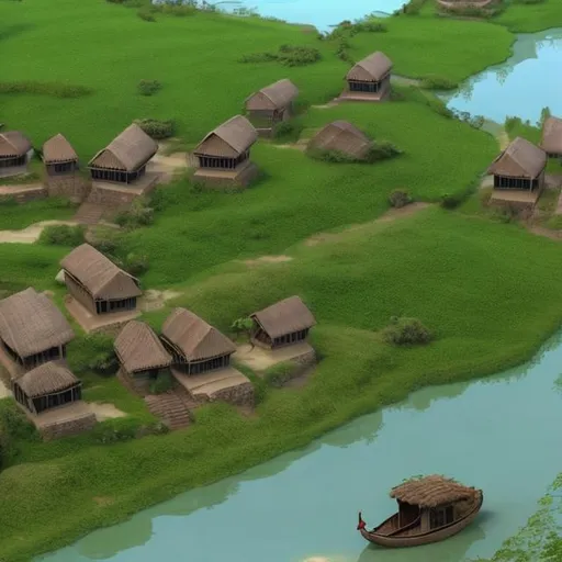 Prompt: a village in bangladesh. with a river a boat. 2 people. 3d and make it low quality

