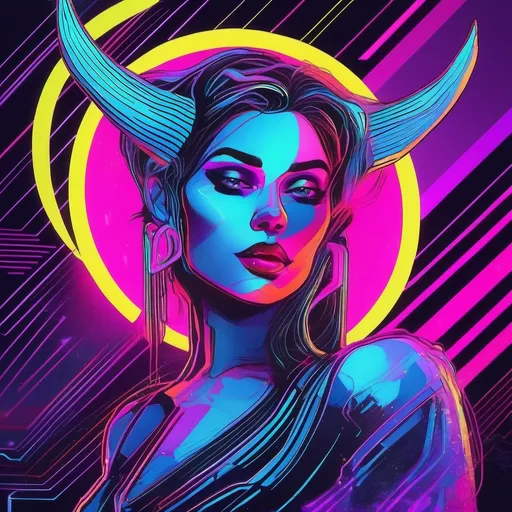 Prompt: a beautiful female demon in a dynamic pose in a retro futuristic synthwave neon paradise.  neon lighting, high quality, beautiful, masterpiece, artistic, synthwave, cyber, retro, futuristic