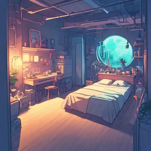 Prompt: cozy bedroom at night scenery concept art sketch futuristic style artstation ian mque studio ghibli items bed desk lights