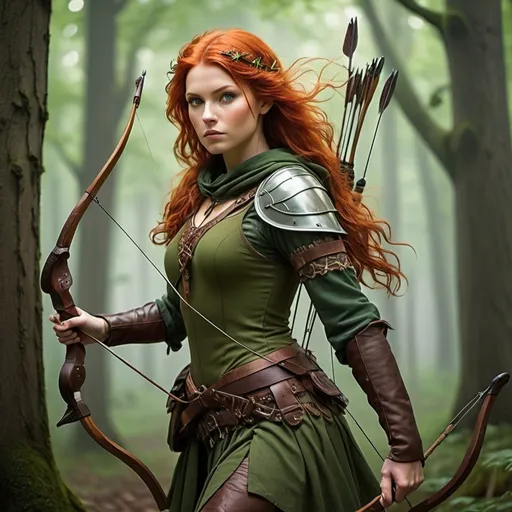 Prompt: 
In the depths of Sherwood Forest, where the trees whisper secrets and the air hums with the melody of nature, strides a figure of unmatched beauty and daring - a Robin Hood-esque archer with fiery red hair.

Tall and lean, with a powerful physique honed by years of traversing the forest and mastering the bow, she moves with the grace and agility of a woodland sprite. Her fiery locks cascade down her back in wild waves, catching the sunlight and casting a warm glow around her.

Her piercing green eyes, sharp and keen, reflect the wisdom and cunning of one who has spent a lifetime navigating the shadows of the forest. They sparkle with mischief and determination, hinting at the adventures and escapades that lie ahead.

Dressed in attire befitting a rogue of the woods, she wears a tunic of forest green, adorned with intricate embroidery and practical leather accents. A quiver of arrows hangs at her hip, ready to be unleashed with deadly precision at a moment's notice.

Across her back is slung a bow of polished wood, its sinewy curves a testament to the craftsmanship of the forest folk. With a steady hand and a steady eye, she draws back the bowstring, her aim true and unwavering as she takes aim at her target.

As she prowls through the forest, her movements are swift and silent, blending seamlessly with the natural world around her. She is a protector of the weak and a thorn in the side of the unjust, a modern-day hero for those who have been wronged by the powers that be.

In the heart of Sherwood, she is a beacon of hope and defiance, her red hair blazing like a fiery crown atop her head. She is Robin Hood reborn, a beautiful archer with a heart of gold and a spirit as wild and untamed as the forest itself.
