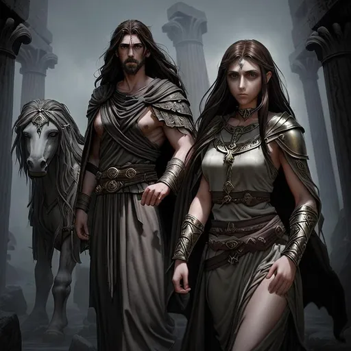 Prompt: Epic, Heroic, fantasy, ominous, cinematic lighting, 3D, HD, [{Rugged Handsome!}Male as Philosopher and with {brown hair}, Beautiful big eyes], 
[{Beautiful! Gorgeous!}Female as Priestess and with {black hair}, Beautiful big eyes]2, {Greek}mythology, mist, expansive ancient Greek background, hyper realistic, uber detailed, 64k, high quality, sharp focus, intricate details, highly detailed --s98500