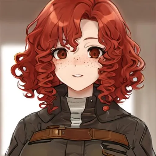 Prompt: Female, red curly hair, freckles, brown eyes