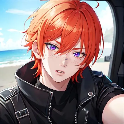 Prompt: Erikku male adult (short ginger hair, freckles, right eye blue left eye purple) UHD, 8K, Highly detailed, insane detail, best quality, high quality,  anime style, biker 