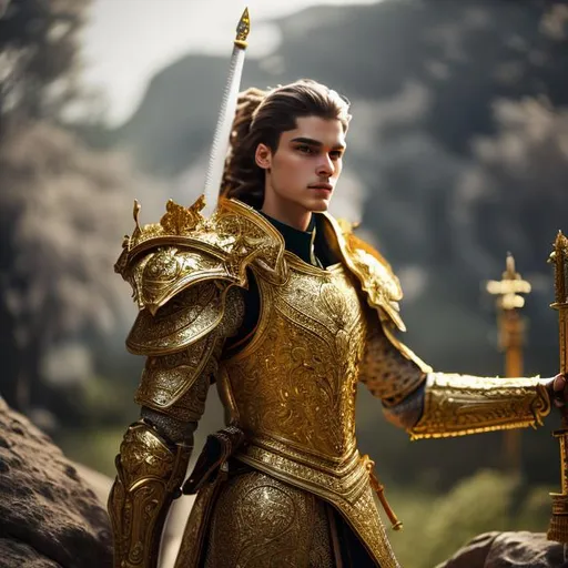 Prompt: beautiful photograph of most beautiful fictional, army, male, sword, goodnes, heavenly, royal, White and golden, extremely, detailed environment, detailed blur background, intricate, detailed skin, natural colors , High-resolution, professionally color graded, photorealism, 8k, moody lighting.