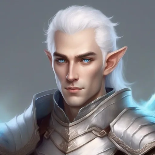 Prompt: dnd a elven man with short fluffy white hair wearing plate armor with light blue eyes