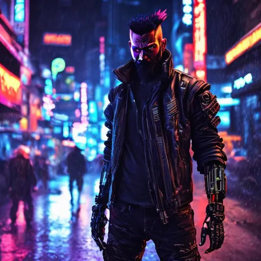 Prompt: New bearded anti-hero. Neon mohawk. Ex army mercenary. Futuristic. Bionic limbs. Cyber enhancements. Black and neon. Gritty. Anime. Neo tokyo. Holographic armour.  In rain. Devious trickster. Blade in hand. Blood. Dark