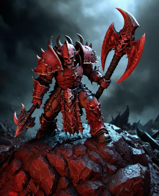 Prompt: warhammer fantasy rpg style Chaos warrior of Khorne in blood-red armor, holding two-handed axe, intricate details, realistic rendering, dark fantasy, brutal and menacing, detailed textures, high quality, dark fantasy, blood-red armor, ominous lighting