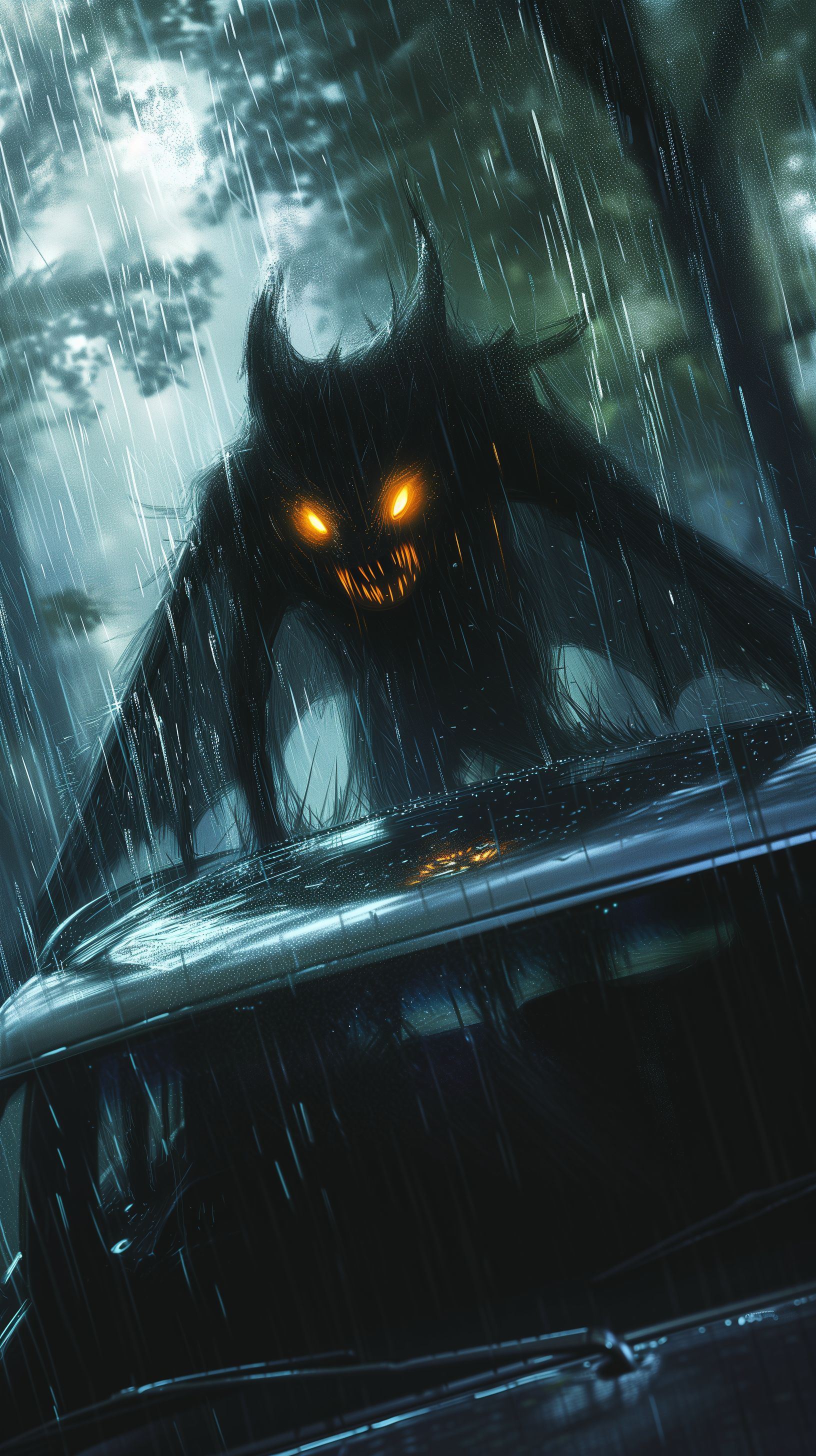 Prompt: mix the jersey devil + mothman + skin walker, running/flying next to the drivers window of the car, its a very rainy dark night so you can see the rain running down the windows, the cyptid has very bright yellow glowing eyes and very sharp white teeth --ar 9:16 --v 6.0