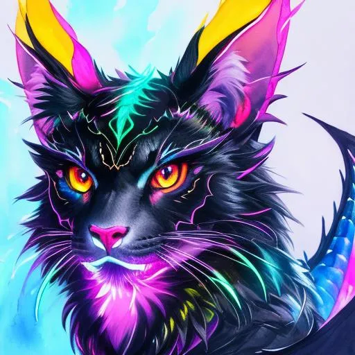 Prompt: portrait of a roaring neon dragon with fangs and iridescent black markings and a cute face, facing forwards, perfect composition, watercolor on paper with pencils, hyperrealistic, super detailed, 8k, high quality, trending art, trending on artstation, sharp focus, studio photo, intricate details, highly detailed
