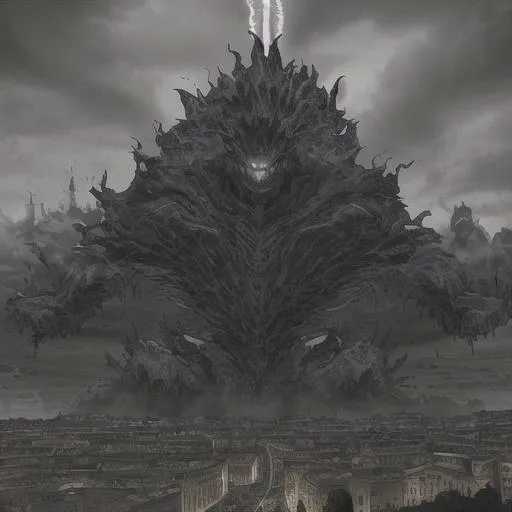 Prompt: it's Rome but in a Lovecraft story. Seen by the sky. With darkness in form of black fog that envelope the city and shadow all around. The shape of a big monster, with claws dangerous on the city, it is on the background behind the cloud and thunder creates spot of light. Look like a Dave McKean artstyle but colored by Marvel artist
