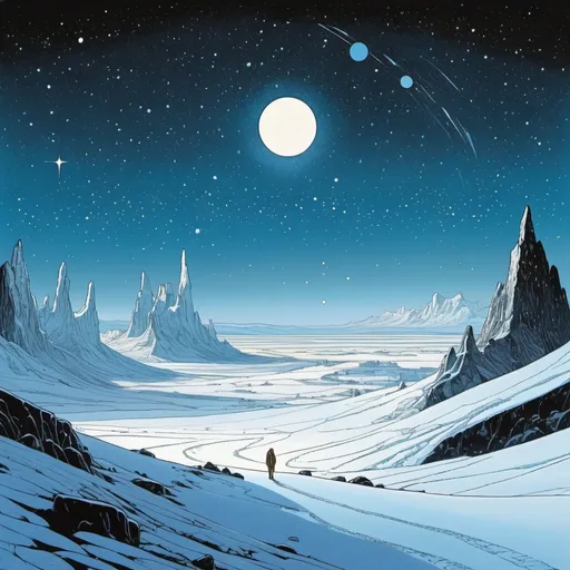 Prompt: Icy alien landscape under black starlit sky, comic illustration in style of Moebius, Jean Giraud