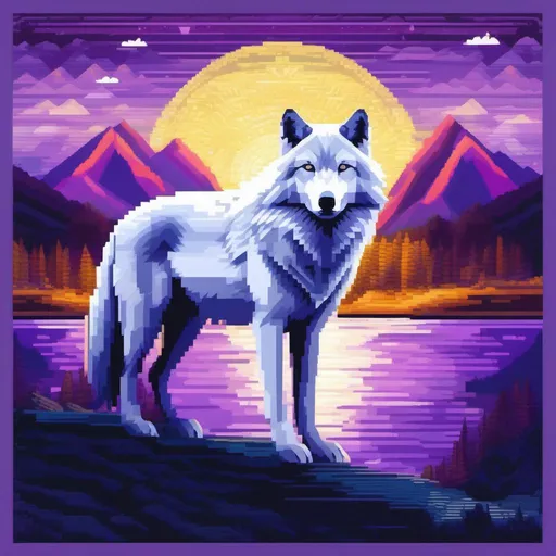 Prompt: $pixel art$, 32-bit, beautiful {white wolf}, with {silver eyes}, looking at viewer, glaring through fourth wall, layers of purple mountain silhouettes, magical fantasy crystal lake, twilight, highly detailed, beautifully detailed shading, complementary colors, golden ratio