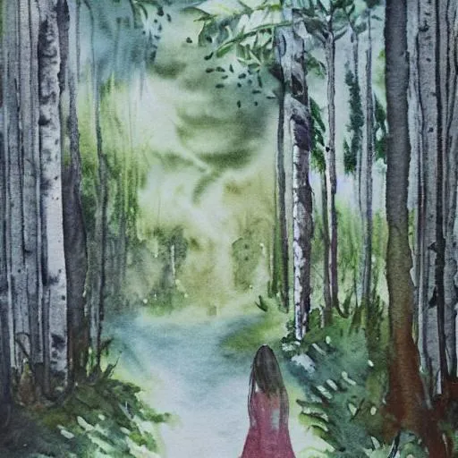 Prompt: Dreamless wonderer through the woods in watercolour 
