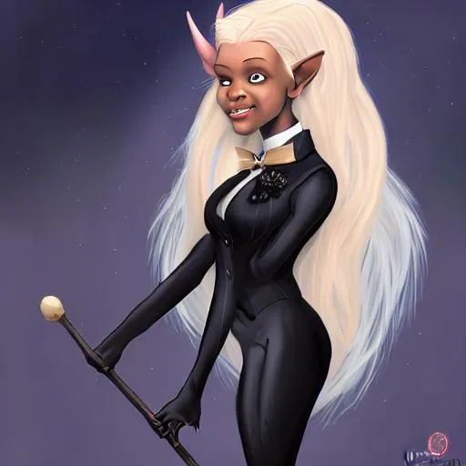 Prompt: show hyperdetailed mage elven Black woman, tuxedo, suit, gloves, blonde, Oil painting, Chiaroscuro, landscape, UHD, 8K, highly detailed, panned out view of the character, visible full body,beautiful blush on her cheek smiling face tears coming from her eyes, close arm, light particles scaltering around, pale skins, random colorfull uniqe background, juicy, Splash art, epic Instagram, artstation, hyperdetailed intricatelydetailed, unreal engine, fantastical, intricate detail, splash screen, complementary colors, 8k, heavy strokes, splash arts, full height, full body, photograph nikon 50mm f3.5