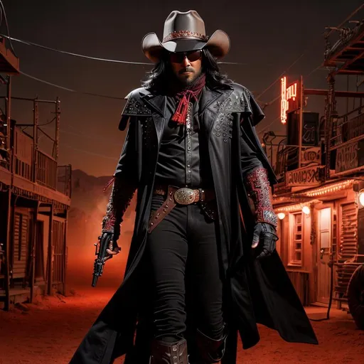 Prompt: Cyber Cowboy with 4 Arms, fiery red Poncho, Dressed in black duster and Stetson Cowboy Hat, with Red Sunglasses, Haunting Presence, Intricately Detailed, Hyperdetailed, Desert Wild West Landscape, Dusty Midnight Lighting, Wild West Feel