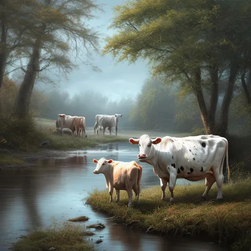 Prompt: Digital painting, realistic paint 8k, hyperrealistic, river, cows