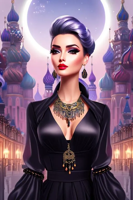 Prompt: head-on, surreal cartoon, high fashionista pose, Stunning, glossy portrait of a stunning woman with lavender grey hair pulled back into a bun, she is dressed like a Russian princess,  metallic black fabric fabric, dramatic jewelry, dramatic necklace with a tiny dagger that looks real, background is architecture lit by the moon,  trending on artstation