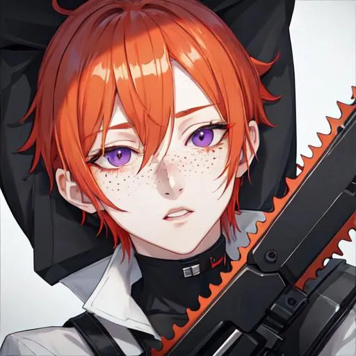 Prompt: Erikku male adult (short ginger hair, freckles, right eye blue left eye purple) UHD, 8K, Highly detailed, insane detail, best quality, high quality, holding a chainsaw