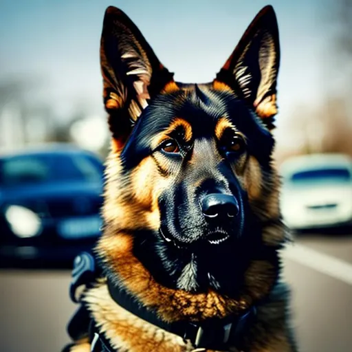 Prompt: A German shepherd wearing spy gear, spy gear, blur the background, a fancy black car in the midground behind the dog