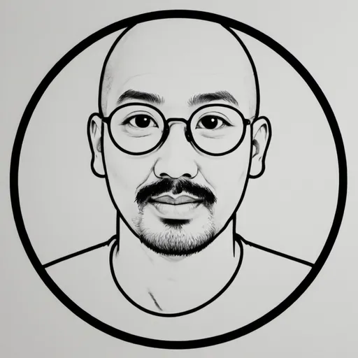 Prompt: A shaved head Asian man with circle glasses and a moustache. Make it for a real estate logo.