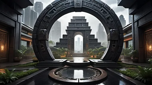 Prompt: magical portal between cities realms worlds kingdoms, circular portal, ring standing on edge, upright ring, freestanding ring, hieroglyphs on ring, complete ring, ancient aztec architecture, zigurat, gardens, hotels, office buildings, shopping malls, large wide-open city plaza, panoramic view, dark night, rain, futuristic cyberpunk tech-noir setting, elevated view