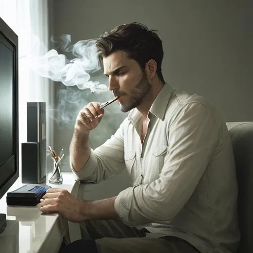 Prompt: a man smoking cigarettes' while watching tv