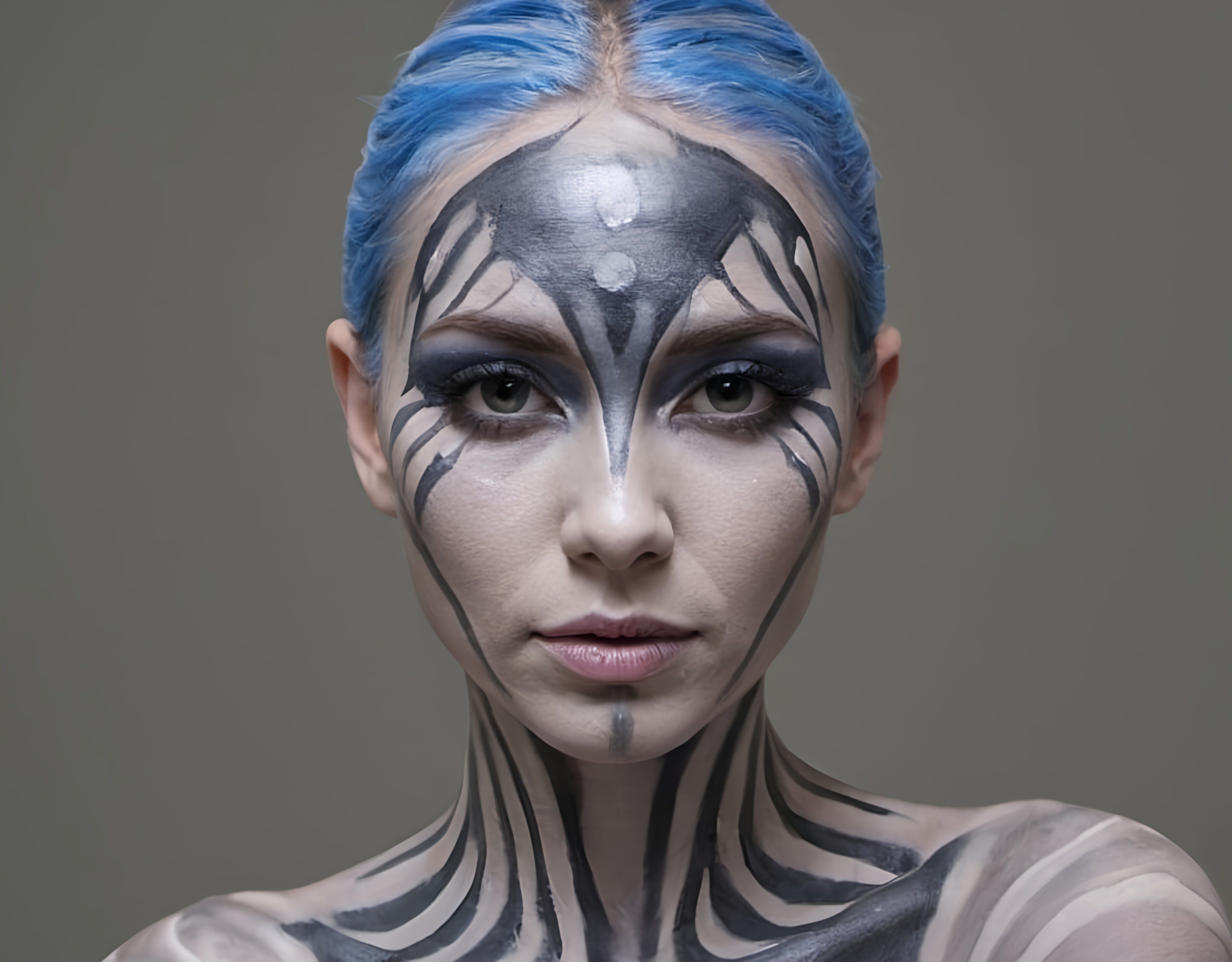 Prompt: a woman with blue hair and face paint, with a black and white design on her face, behance hd