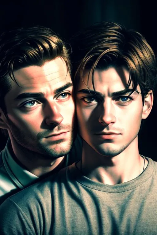 Prompt: Analog style portrait+ style; artistic pose in motion, 2 men couple at Realistic biohazard dystopia at night, hugging and kissing. Peter Parker, Up-close focus, Highly detailed face, hyperrealistic, UHD, HD, 8k. Dark ambient, dim lighting. Adult man has symmetrical detail face feature, lovely look, bushy eyebrows, long hair with a fringe. Adult man has dark skin, facial hair, beard, short hair with fringe, and masculine facial features. Eyeliner.
Perfect composition, best angle, natural volumetric lighting.