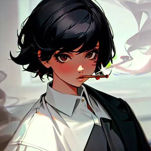 Prompt:  (female, short black hair) Smoking, thug, 8k, UHD, Highly detailed