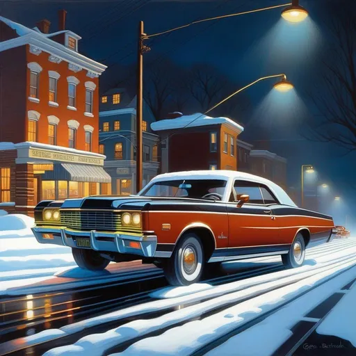 Prompt: Driver Parallel Lines, car chase, New York, cartoony, cold night atmosphere, extremely detailed painting by Greg Rutkowski and by Henry Justice Ford and by Steve Henderson