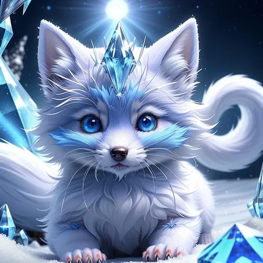 Prompt: (masterpiece, professional illustration, epic digital art, best quality:1.5), insanely beautiful tiny ((fox kit)), (canine quadruped), ice elemental, silky silver-blue fur covered in frost, timid, alert crystal blue eyes, gorgeous 8k eyes, fluffy silver neck ruff covered in frost, two tails, (plump), enchanted, magical, finely detailed fur, hyper detailed fur, (soft silky insanely detailed fur), moonlight beaming through clouds, lying in frosted meadow, grassy field covered in frost, cool colors, professional, symmetric, golden ratio, unreal engine, depth, volumetric lighting, rich oil medium, (brilliant auroras), (ice storm), full body focus, beautifully detailed background, cinematic, 64K, UHD, intricate detail, high quality, high detail, masterpiece, intricate facial detail, high quality, detailed face, intricate quality, intricate eye detail, highly detailed, high resolution scan, intricate detailed, highly detailed face, very detailed, high resolution