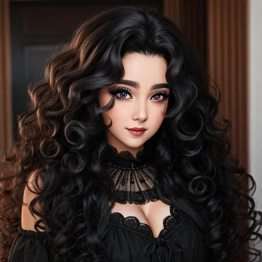 Prompt: A beautiful woman dressed in black, long very curly hair, facial closeup