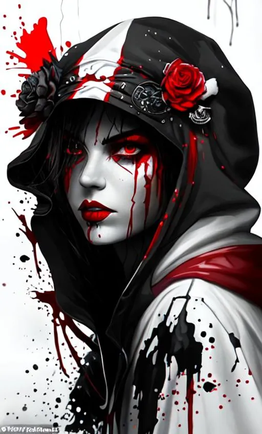 Prompt: an arrogant woman in a hood and a diadem under a bloody rain painted in red white and black colors, splash paint 