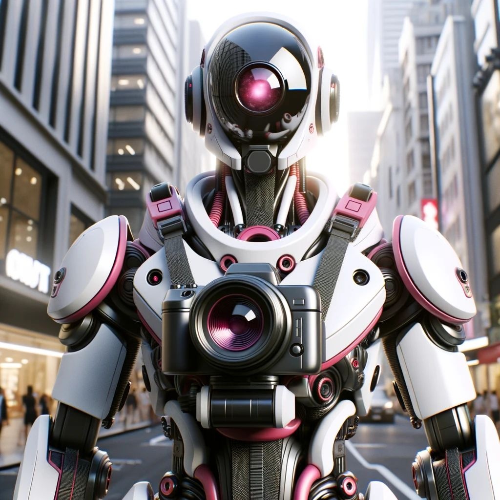 Prompt: Render of a futuristically designed robot in a bright attire, showcasing dark white and pink hues, equipped with a camera lens, amidst an urban setting with strong light and shadow interplay.