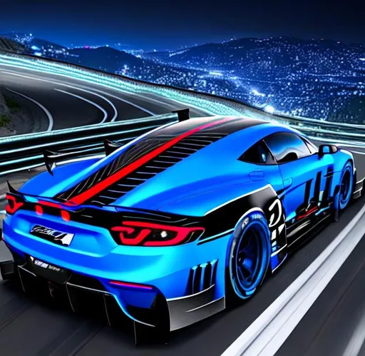 Prompt: Blue super car widebody with black stripes livery and neon light is drifting in 120km/h on steep mountain roads at night, with effects like being speeding and a mess