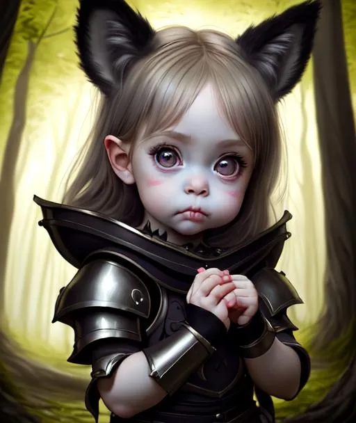 Prompt: chiaroscuro, Victorious full-body painting of a beautiful toddler girl with wolf ears, cute and adorable, big round eyes, big dreamy eyes, cute eyes, perfect eyes, beautiful eyes, pouting, puppy eyes, 8k resolution concept art, trending on artstation, trending on deviantart, pale skin, Forest setting, wearing battle armor, posing, dark colors,  hyperdetailed, intricately detailed, insanely detailed, beautiful eyes, beautiful face, Greg Rutkowski, Odd Nerdrum, Karol Bak, Fursona, kemono, kemonomimi