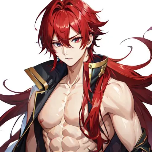 Prompt: Zerif 1male (Red side-swept hair covering his right eye) shirtless