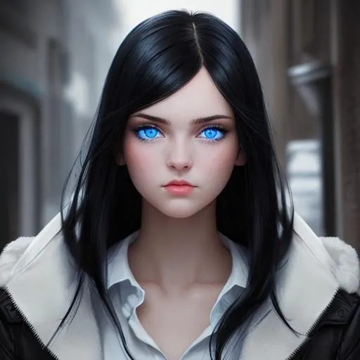 Prompt: young woman with black hair and blue eyes, cold lighting