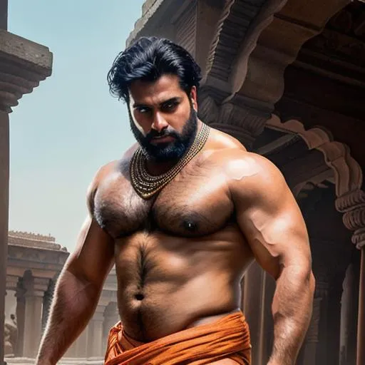 Prompt: scene of hyperreal beautiful "handsome" hunk with sensual rage face, indian mythology, very hairy pecs and "sensual calves", "dhoti", shawl, arena, perfect composition, hyperrealistic, super detailed, 8k, high quality, trending art, trending on artstation, sharp focus, studio photo, intricate details, highly detailed, by greg rutkowski