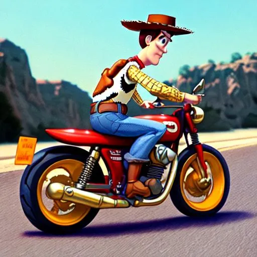 Prompt: Woody from Toy Story riding a motorcycle