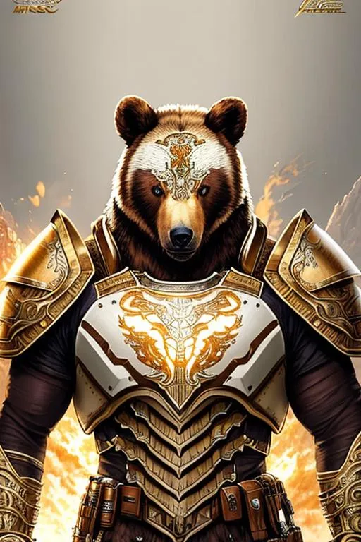 Prompt: Poster art, high-quality high-detail highly-detailed breathtaking hero ((by Aleksi Briclot and Stanley Artgerm Lau)) - ((a Bear )), 8k ivory helmet, male, highly detailed Bear helmet, glowing chest emblem ,carbon fibre helmet, mech armor, detailed brown fur, king of the bears, detailed ivory mech suit, full body, black futuristic mech armor, wearing mech armour suit, 8k,  full form, detailed forest wilderness setting, highly detailed flame thrower, full form, epic, 8k HD, fire, sharp focus, ultra realistic clarity. Hyper realistic, Detailed face, portrait, realistic, close to perfection, more black in the armour, 
wearing blue and black cape, wearing carbon black cloak with yellow, full body, high quality cell shaded illustration, ((full body)), dynamic pose, perfect anatomy, centered, freedom, soul, Black short hair, approach to perfection, cell shading, 8k , cinematic dramatic atmosphere, watercolor painting, global illumination, detailed and intricate environment, artstation, concept art, fluid and sharp focus, volumetric lighting, cinematic lighting, 
