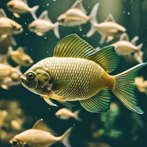 Prompt:  high detail photography style dull gold fish in forest green

