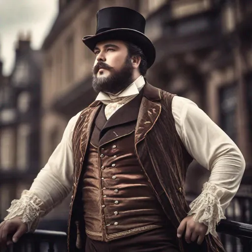 Prompt: Race-diverse hairy chubby handsome man, happy, sensual Victorian clothes, dynamic lighting, Old London background, realistic, ultra realistic, old photo filter, side diagonal view

