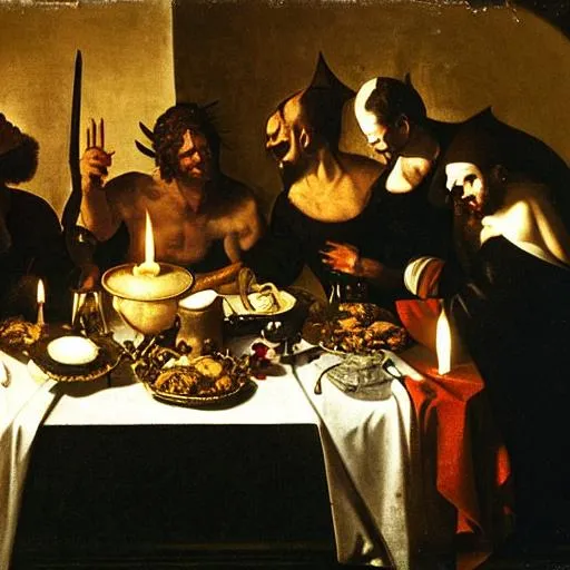 Prompt: Death, Devil, Plague and War at the pesant's dinner table, feasting, the host is laughing, candle light, darkness, harsh lighting, classical painting, caravaggio style.