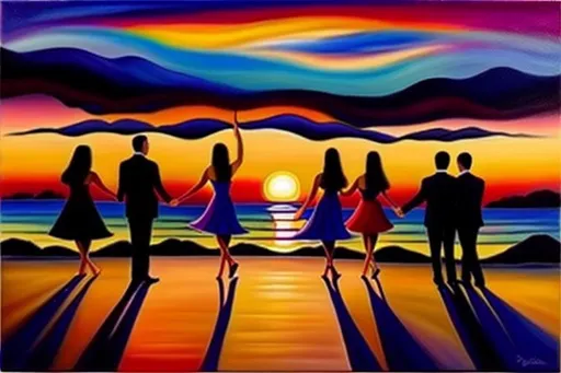 Prompt: Surreal oilpainting, colorful choices sunset singing together 