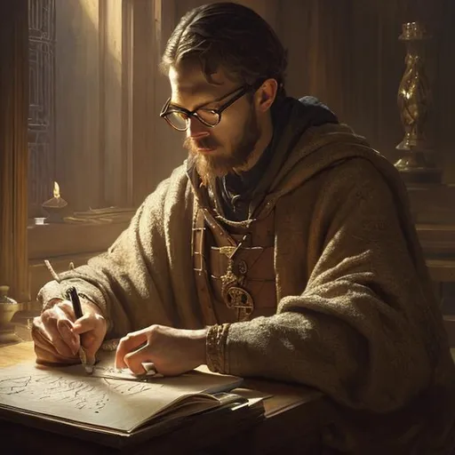 Prompt: medieval scribe | male in glasses | highly detailed oil painting | very intricate | cinematic lighting | award - winning | by greg rutkowski, by j. c. leyendecker, beautiful cinematic light, 