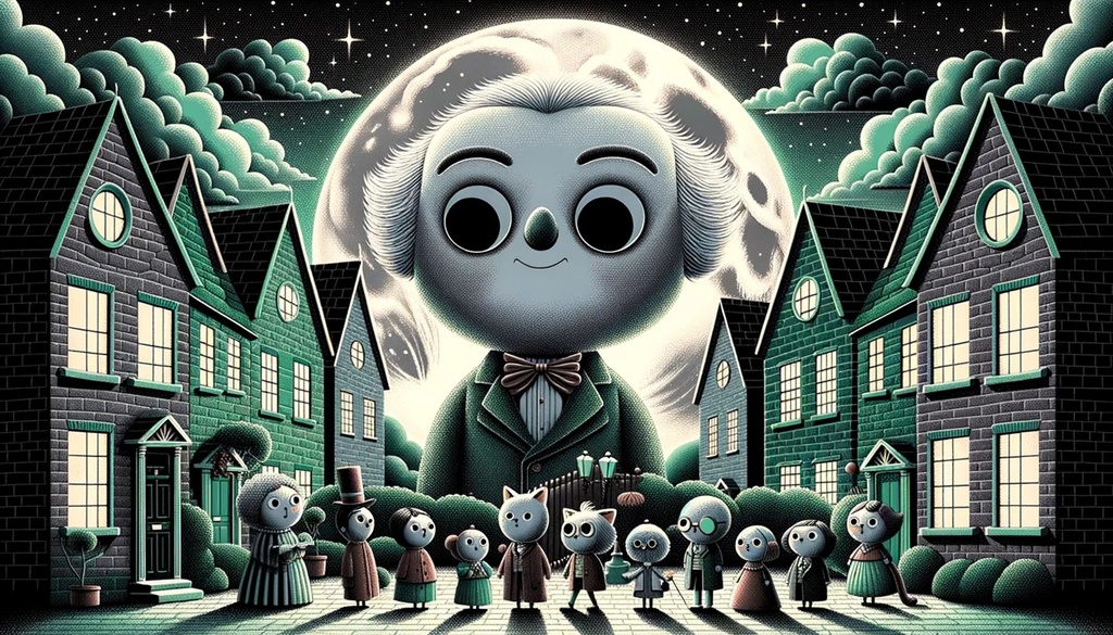 Prompt: Illustration in 16:9 ratio capturing an HD scene with characters exuding exaggerated nobility, positioned near houses with a rusticcore vibe. The moon dominates the background, casting a soft glow in shades of dark silver and light emerald. Characters are reminiscent of plush doll art, and the setting embodies the playful spirit of 'lit kid' and the eclectic essence of random ravels.