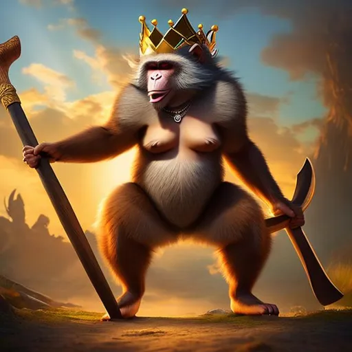 Prompt: full body, (an anthropomorphic monkey woman wearing a crown on her head), angry face, tusks, holding an ax, 