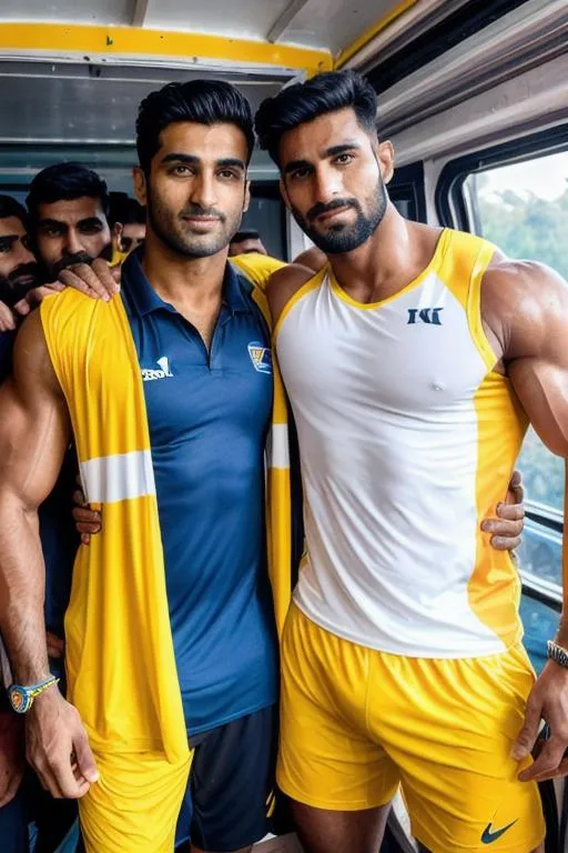 Prompt:  ("kanpur" rugged hypermasculine muscular hunk in white "sportswear") hugging a ( tall rugged hypermasculine muscular hunk  "haryanvi" in yellow "sportswear") inside a  delhi dingy crowded bus with heads of people. arena, perfect composition, hyperrealistic, super detailed, 8k, high quality, trending art, trending on artstation, sharp focus, studio photo, intricate details, highly detailed, 